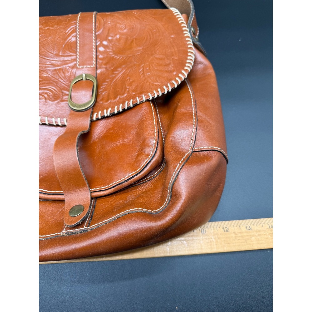Patricia Nash Tan Leather Tooled Floral Crossbody Bag Whipstitch Messenger Boho - Picture 4 of 10